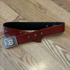Vintage Escada Red Leather Star Accent Belt with Silver Buckle Sz 34